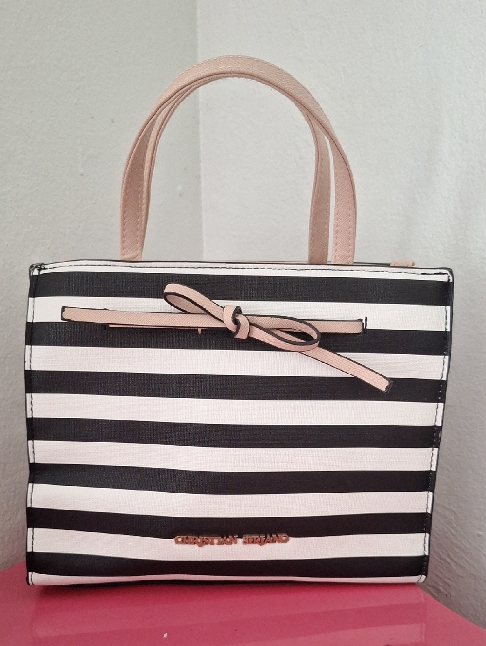 Christian Siriano Striped Black & White Tote with Blush Handles 9"x10"